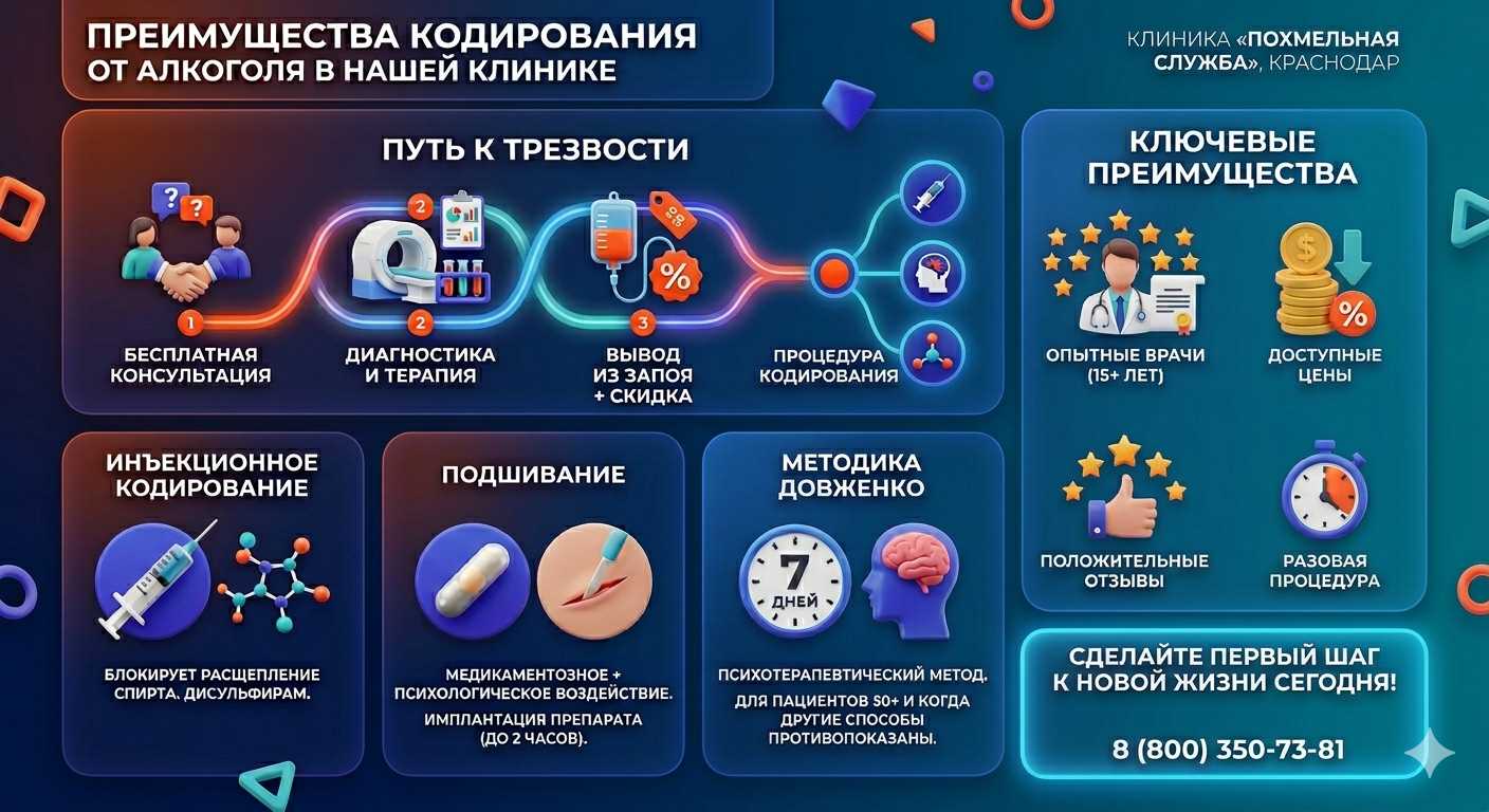 Инфографика о методах кодирования от алкоголя в Гагарине: инъекции, подшивание, метод Довженко. Преимущества клиники и этапы лечения.