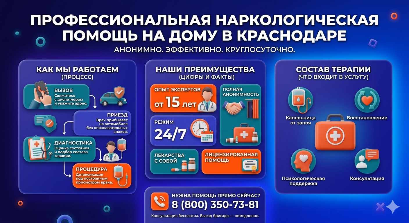 Инфографика о принципах лечения алкоголизма на дому в Гагарине: этапы вызова нарколога, преимущества анонимной детоксикации и состав медицинской помощи.